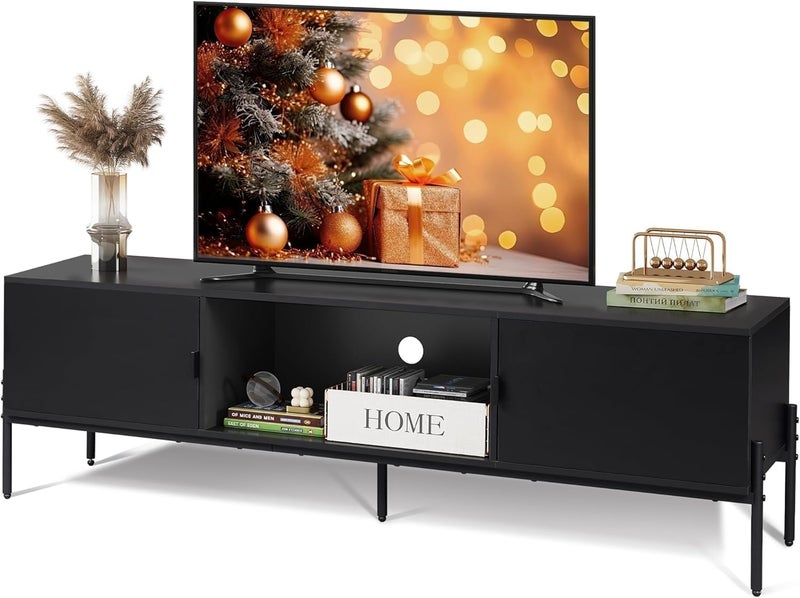 Wlive TV Stand for 65 Inch TV, Mid Century Modern Entainment Center with 2 Storage Cabinets & Open Shelf, TV Console Table Media with Metal Legs for Living Room, Bedroom, Black - Image 1